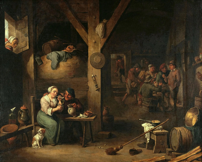 Interior de una taberna con una mujer fumando y un hombre ofreciéndole un vaso bajo la mirada de una anciana - David Teniers el Joven