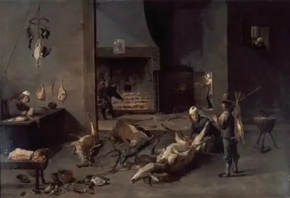 Interior de cocina con cocineros preparando caza - David Teniers el Joven