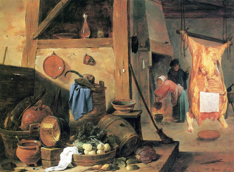 Interior de cocina con naturaleza muerta y vaca abatida - David Teniers el Joven