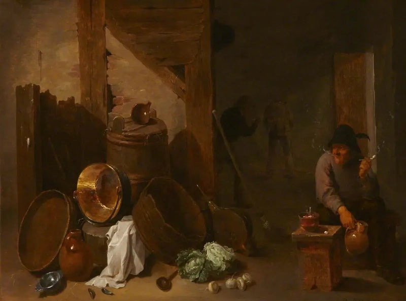 Interior de cocina con Toper y otros campesinos a lo lejos - David Teniers el Joven
