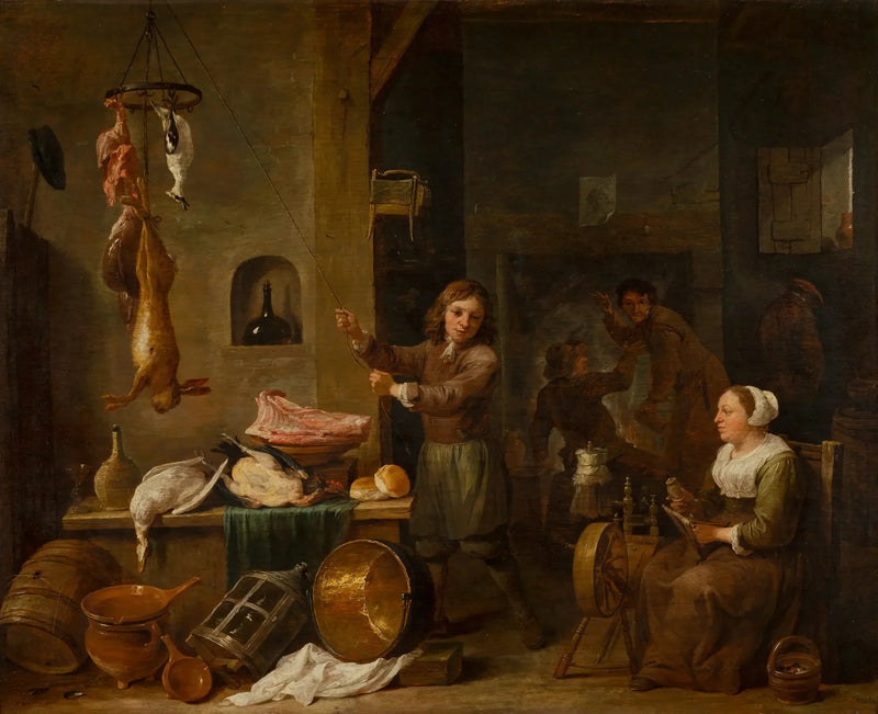 Interior de cocina con un niño y una mujer con una mesa de juego - David Teniers el Joven