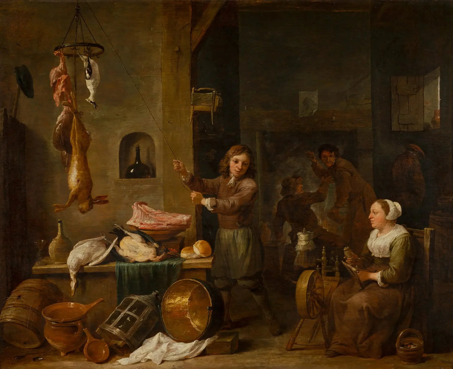 Interior de cocina con un niño y una mujer con una mesa de juego - David Teniers el Joven