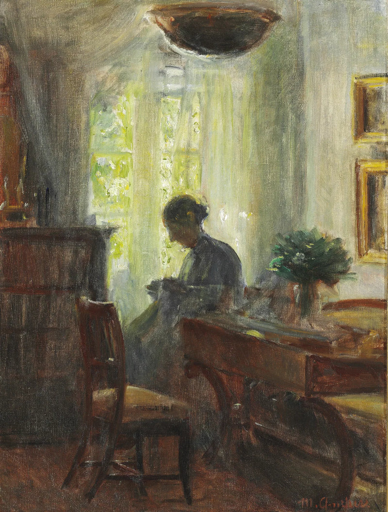 Interior de la casa de la artista. Anna Ancher bordando - Michael Peter Ancher