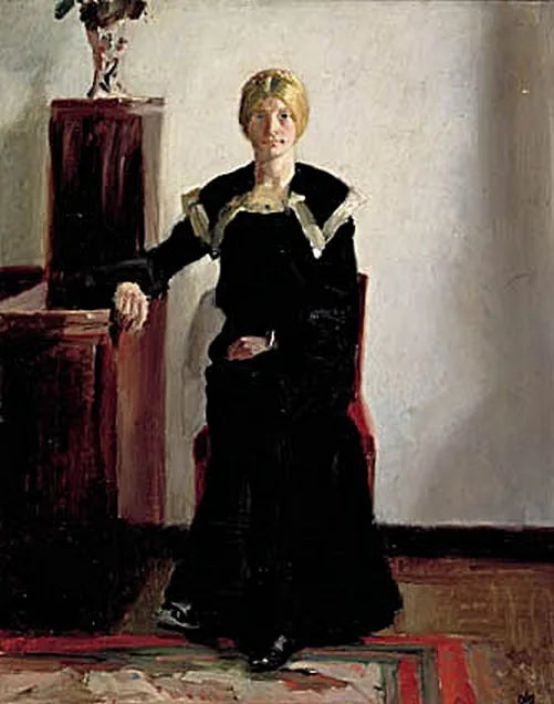 Interior de la casa del artista. Se representa a una joven con vestido negro. - Michael Peter Ancher