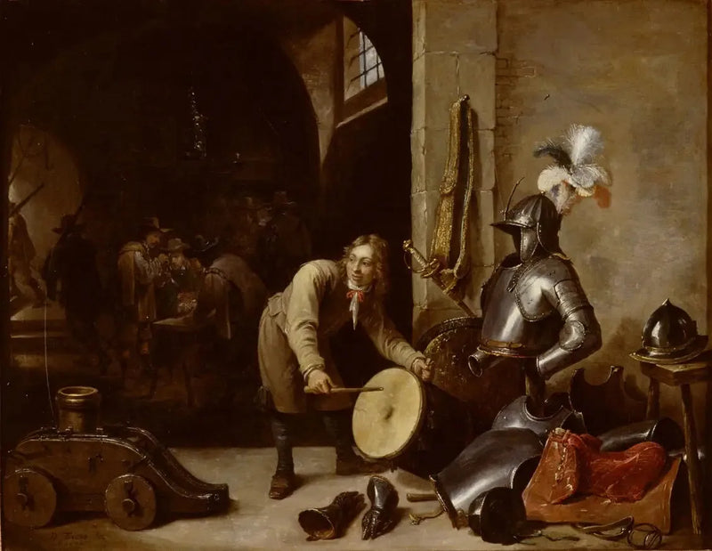 Interior de la sala de guardia con un joven sosteniendo un tambor - David Teniers el Joven