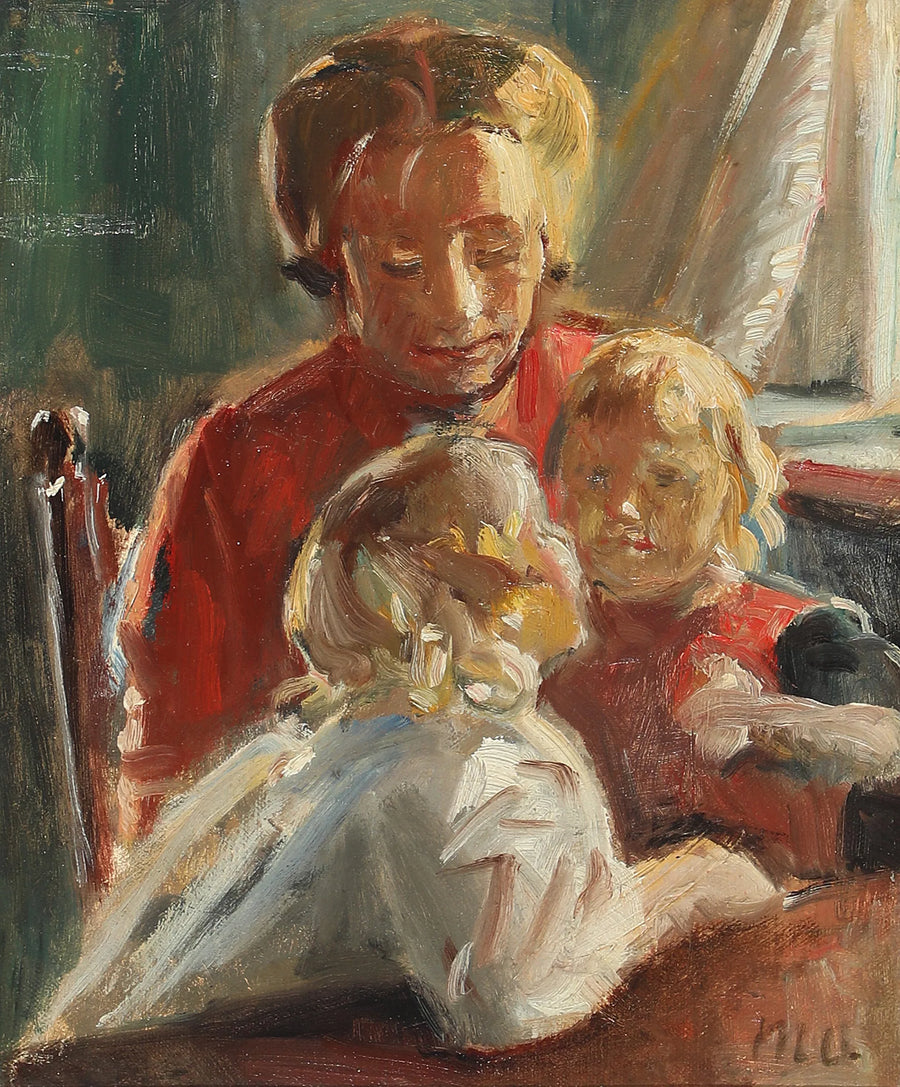 Interior soleado con una madre y sus dos hijas. - Michael Peter Ancher