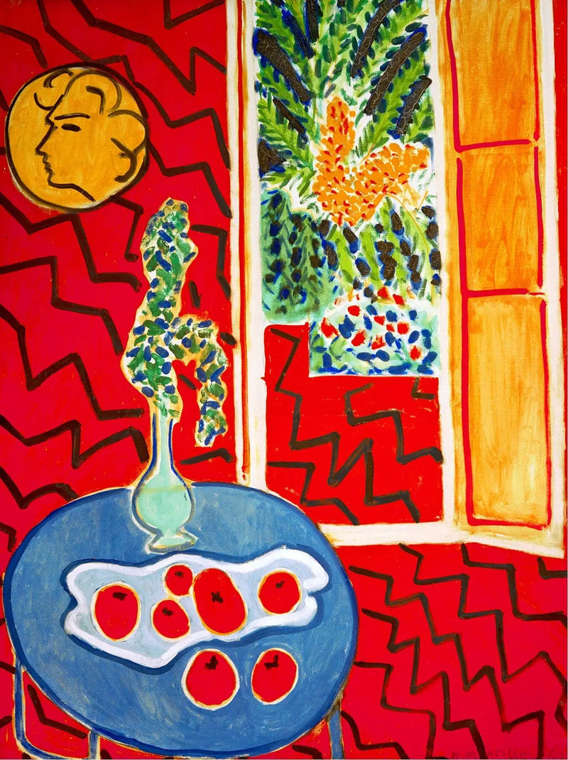Interior rojo, naturaleza muerta sobre mesa azul - Henri Matisse