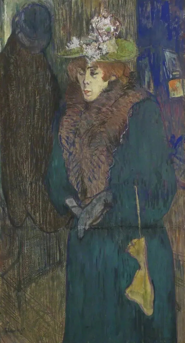 Jane Avril en la entrada del Moulin Rouge, poniéndose sus guantes - Henri de Toulouse-Lautrec