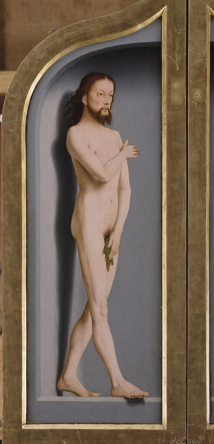 Jean de Sedano y su hijo en oración, con san Juan Bautista; cara externa: Adán, desnudo - Gérard David