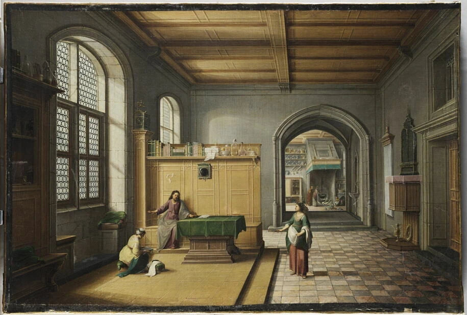 Jésus chez Marthe et Marie, dans une perspective d'architecture - Cornelis van Poelenburgh