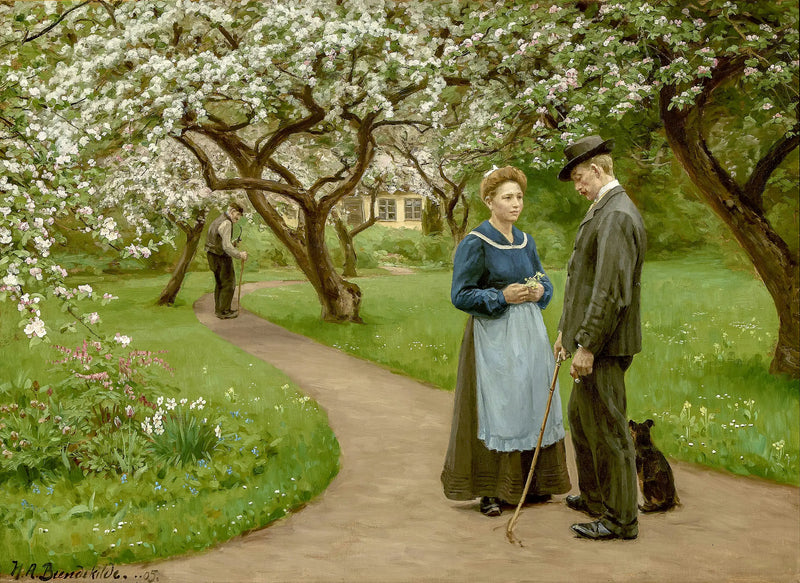 Joven pareja bajo árboles frutales en flor, en primavera. - H. A. Brendekilde