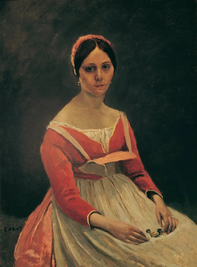 Joven mujer sentada, con flores en las manos - Jean-Baptiste Camille Corot