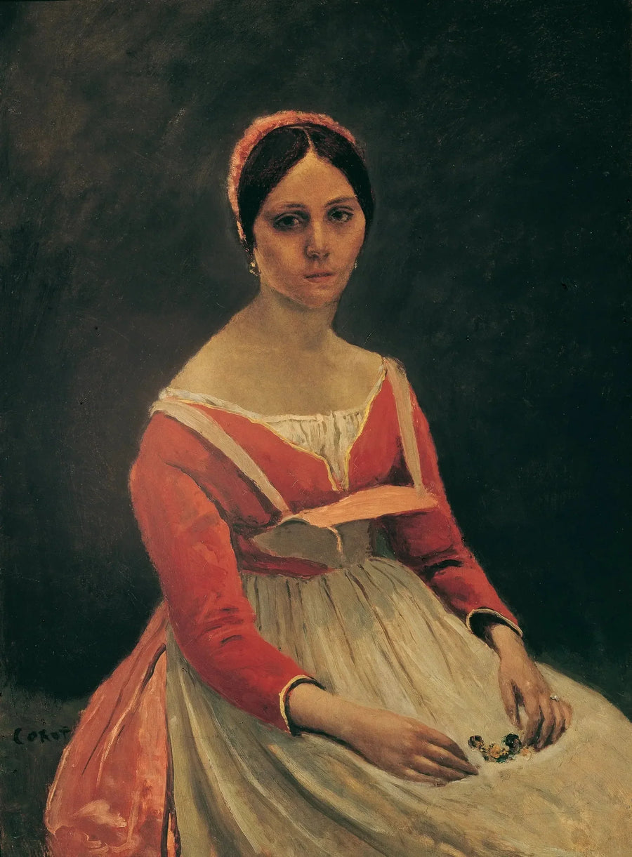Joven mujer sentada, con flores en las manos - Jean-Baptiste Camille Corot