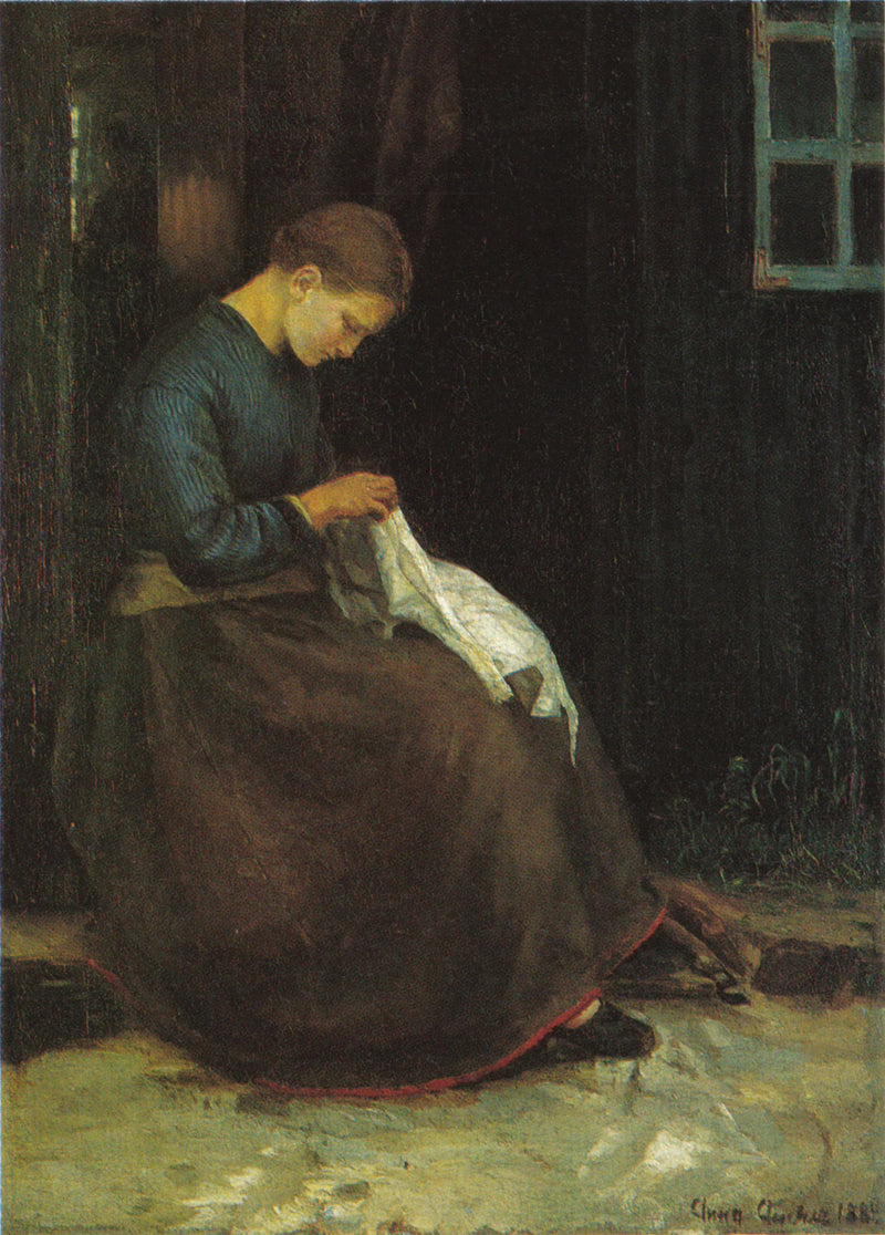 Mujer joven con su costura en la puerta de una casa - Anna Ancher