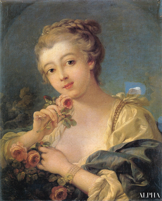 Young Woman with a Bouquet of Roses - François Boucher - Reproductions de tableaux et peintures haut de gamme