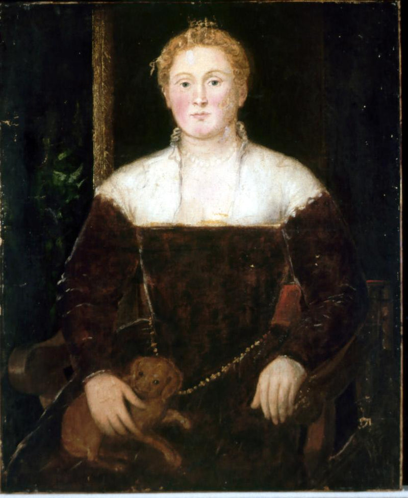 Joven mujer con un perro pequeño, quizás un miembro de la familia Soranzo - Jacopo Tintoretto