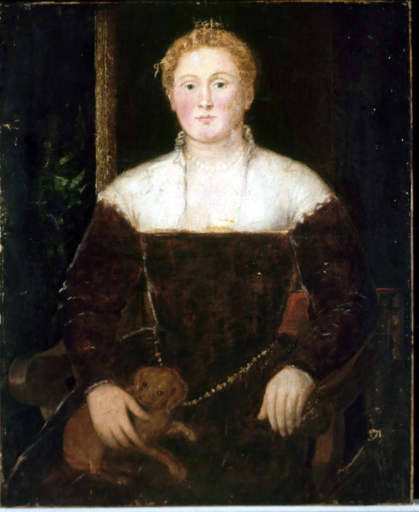 Joven mujer con un perro pequeño, quizás un miembro de la familia Soranzo - Jacopo Tintoretto