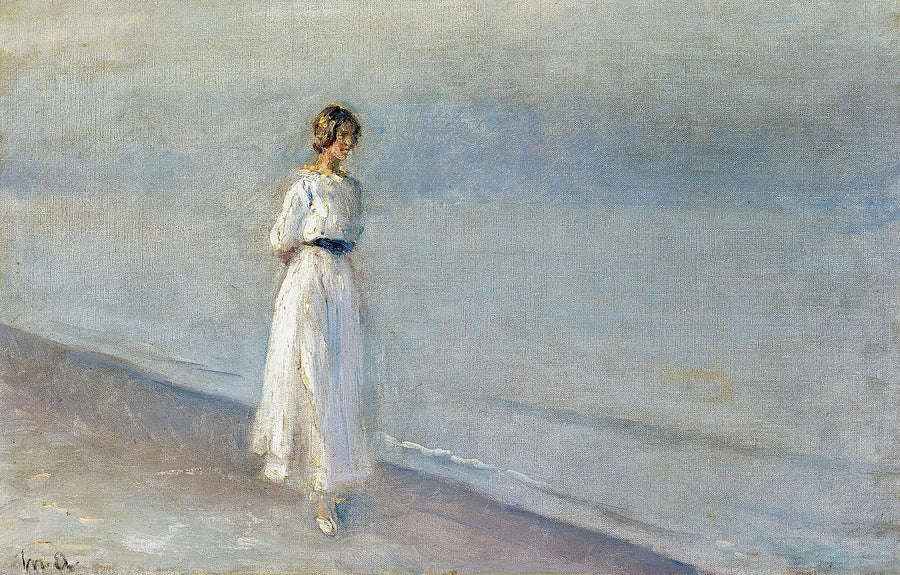 Mujer joven vestida de blanco en Skagen Senderstrand. -Michael Peter Ancher