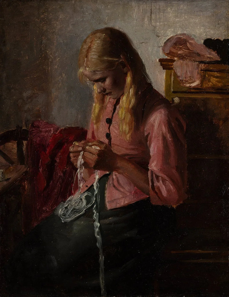 Mujer joven haciendo crochet. Púa, Skagen. -Michael Peter Ancher