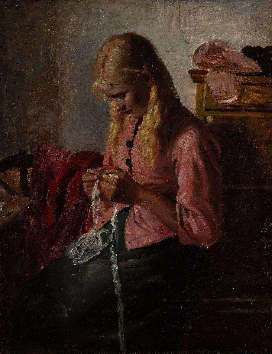 Mujer joven haciendo crochet. Púa, Skagen. -Michael Peter Ancher
