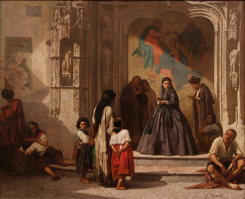 Joven mujer haciendo la caridad en la entrada de la capilla del hospital San Sebastián - León Bonnat
