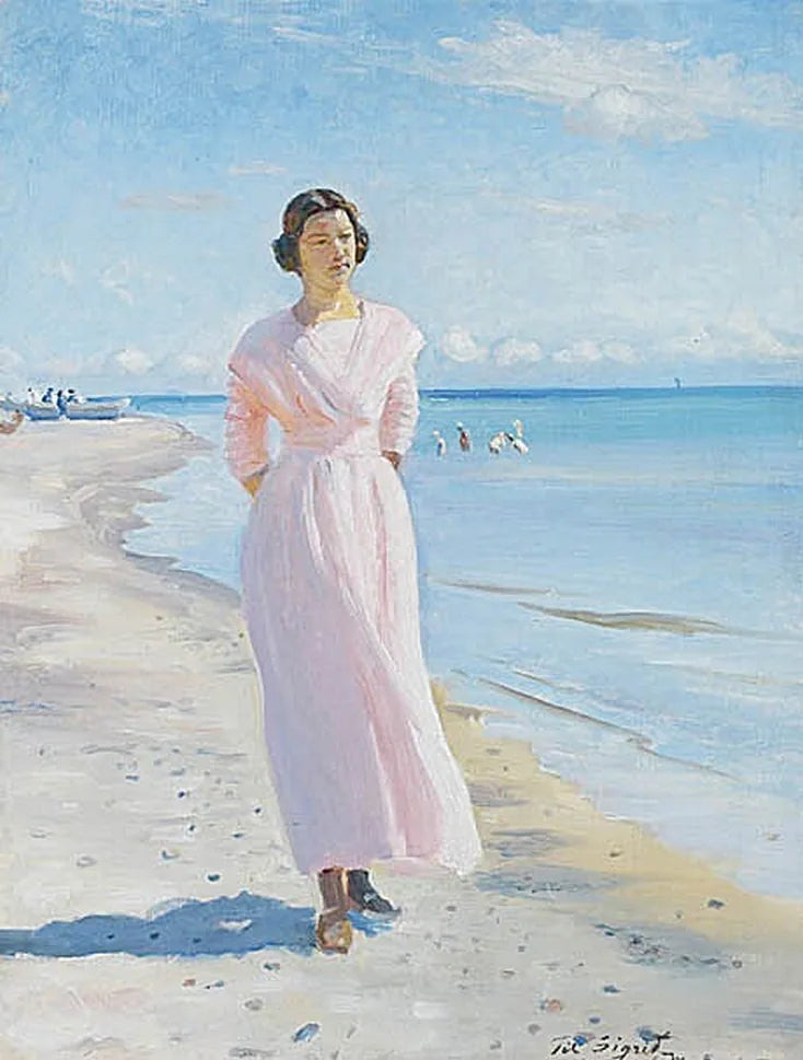 Mujer joven con un vestido rosa en la playa sur de Skagen. - Michael Peter Ancher