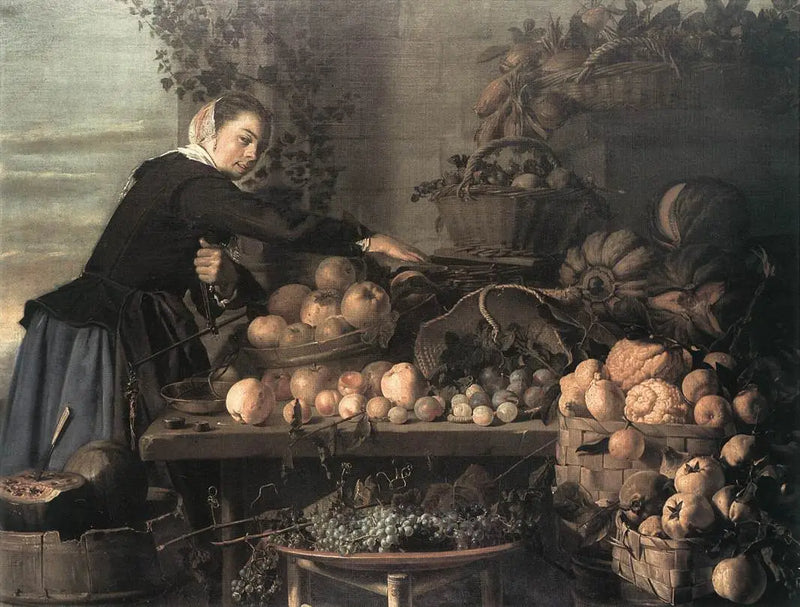 Joven mujer junto a frutas y verduras para la venta - Frans Hals