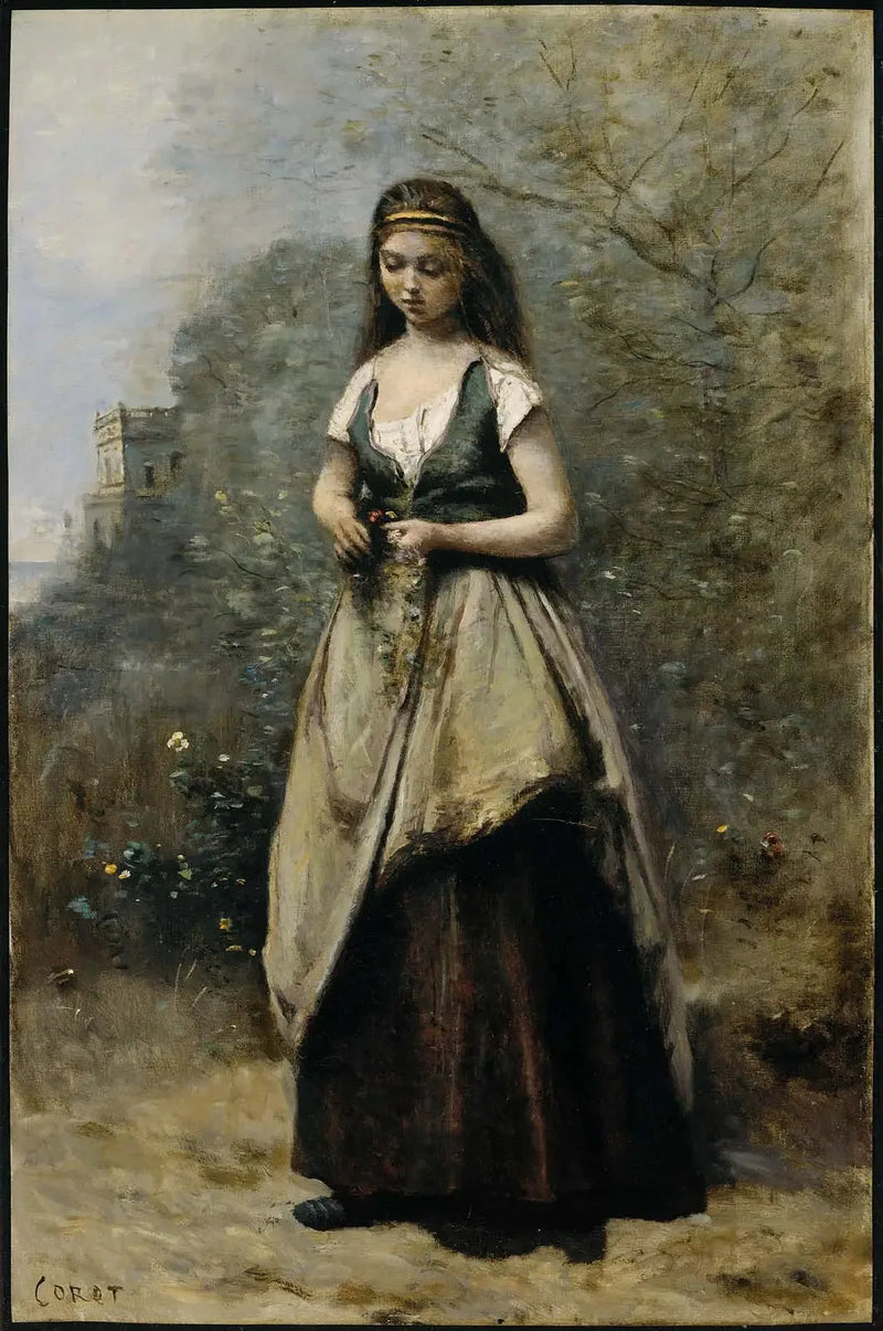 Joven mujer tejiendo una corona de flores - Jean-Baptiste Camille Corot