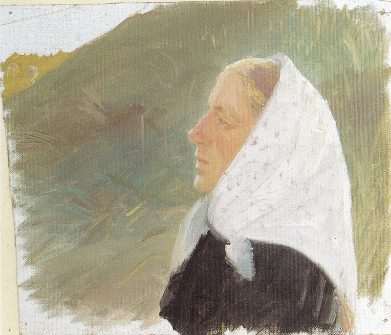 Mujer joven vestida de negro y con un pañuelo blanco en la cabeza, sentada en las dunas - Anna Ancher