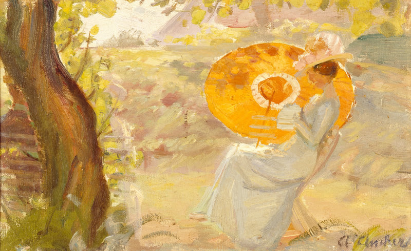 Niña en un jardín con una sombrilla naranja - Anna Ancher