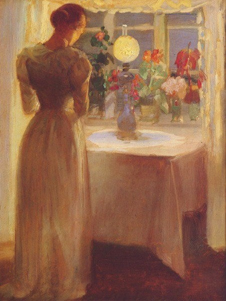 Niña delante de una lámpara encendida - Anna Ancher