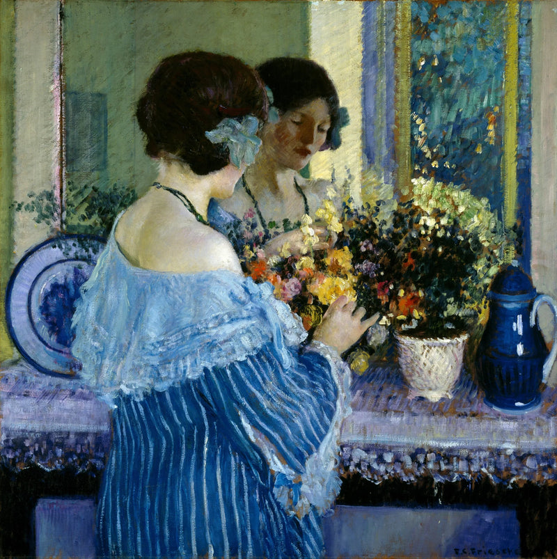 Joven en azul arreglando flores - Frederick Carl Frieseke