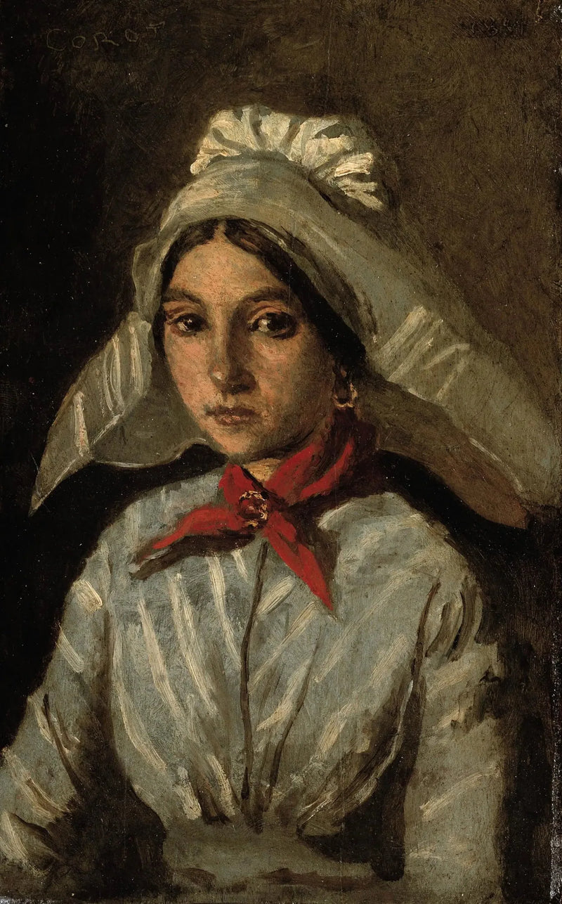 Joven con un gran tocado en la cabeza - Jean-Baptiste Camille Corot