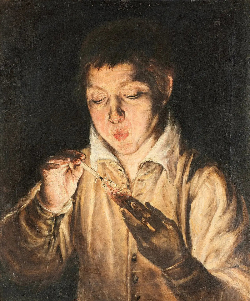 Joven niño soplando sobre una brasa - El Greco
