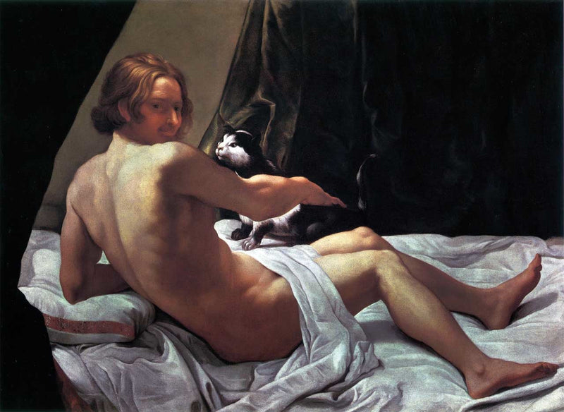 Joven desnudo en la cama con un gato - Giovanni Lanfranco