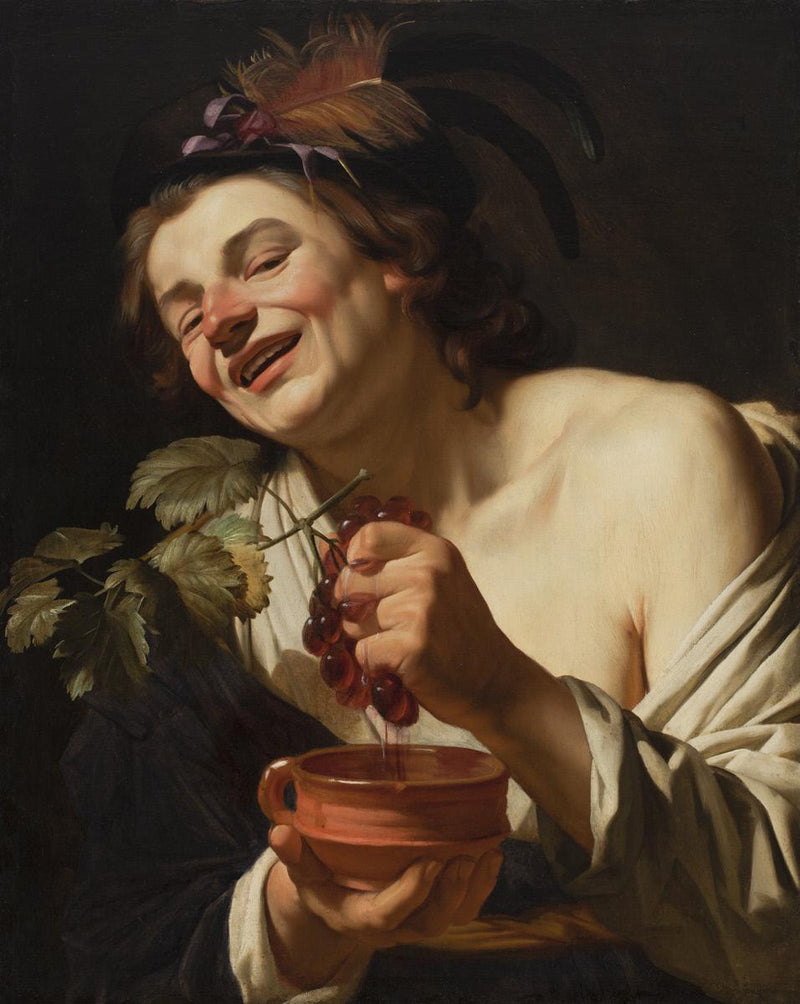 Joven sonriendo apretando uvas - Gerrit van Honthorst