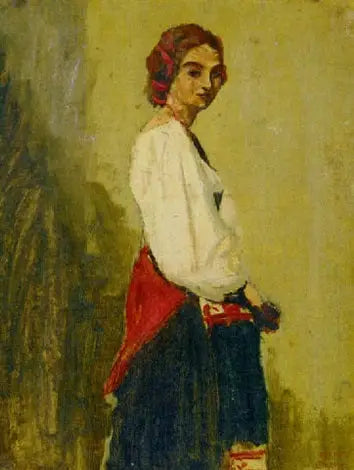 Joven italiana de pie, el cuerpo de perfil y la cabeza de frente - Jean-Baptiste Camille Corot