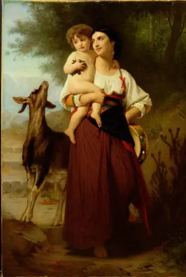 Joven madre en traje de campo con su hijo y una cabra - Bouguereau