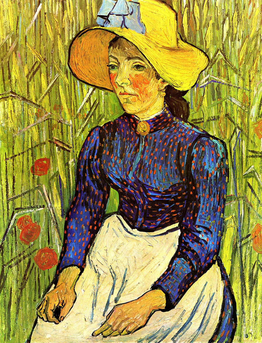 Campesina con sombrero de paja sentada frente a un campo de trigo - Vincent van Gogh