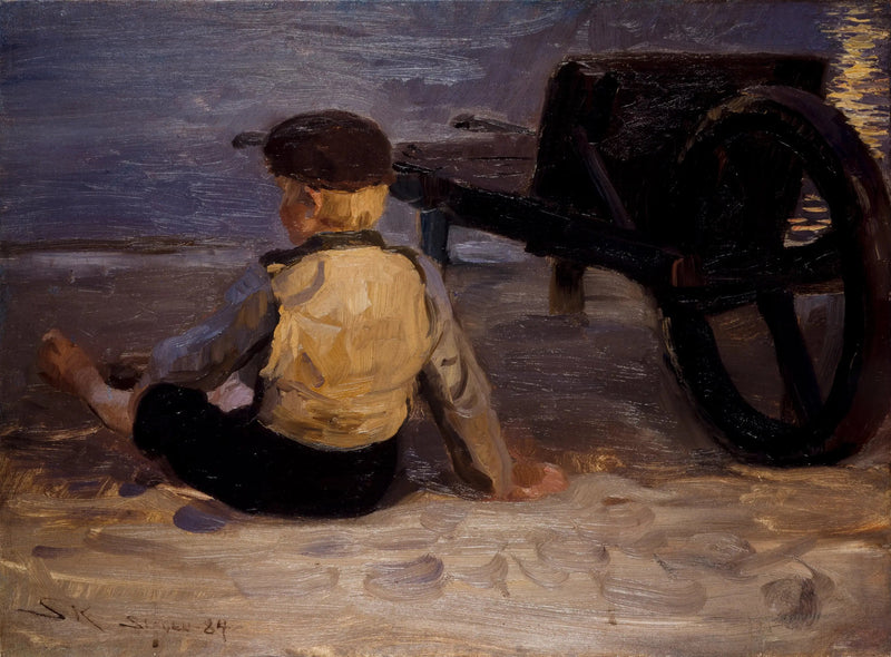 Joven pescador sentado al lado de una carretilla. Playa sur de Skagen. - Peder Severin Krøyer