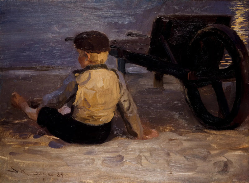 Joven pescador sentado al lado de una carretilla. Playa sur de Skagen. - Peder Severin Krøyer