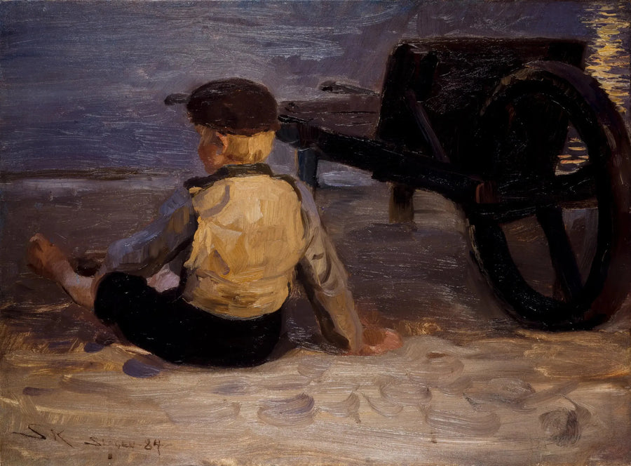 Joven pescador sentado al lado de una carretilla. Playa sur de Skagen. - Peder Severin Krøyer