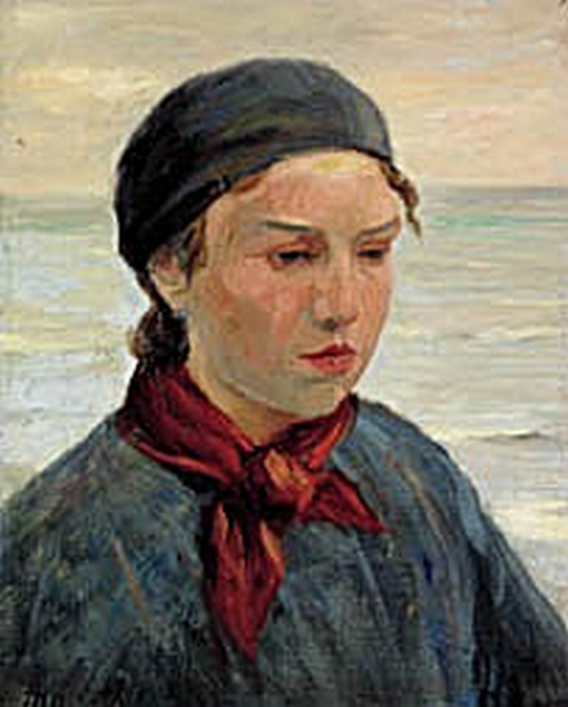 Joven pescadora con un pañuelo rojo alrededor del cuello. - Michael Peter Ancher