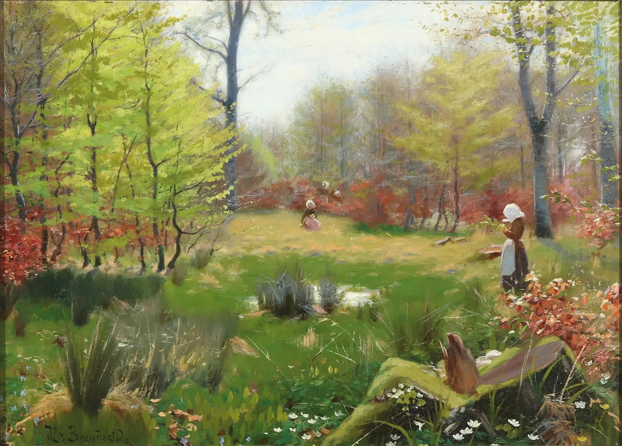 Jovenes chicas recogiendo anémonas en un bosque primaveral - H. A. Brendekilde