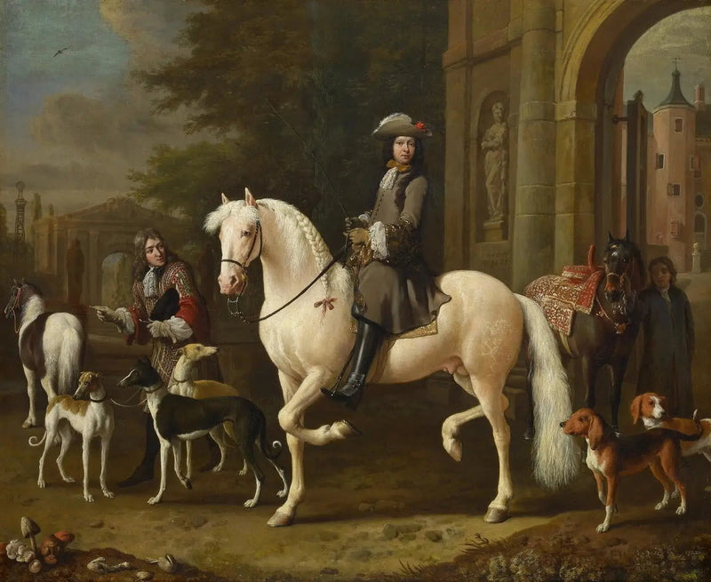 Johan Ortt (1642-1701) a caballo atraviesa la puerta del castillo de Nijenrode - Melchior de Hondecoeter