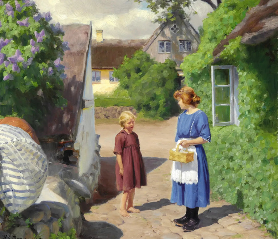 Día de verano en Jyllinge. Lilas en flor y niñas pequeñas en la calle del pueblo. - H. A. Brendekilde