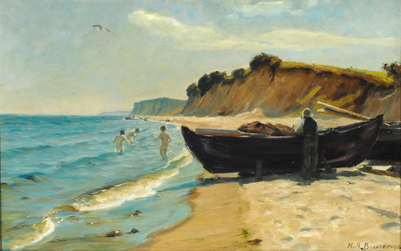 Día de verano en la playa con niños bañándose y un pescador en su barco - H. A. Brendekilde