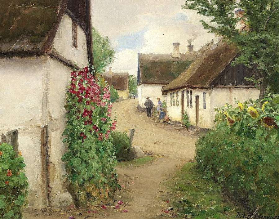 Día de verano en un pueblo con girasoles y malvas rojas. - H. A. Brendekilde
