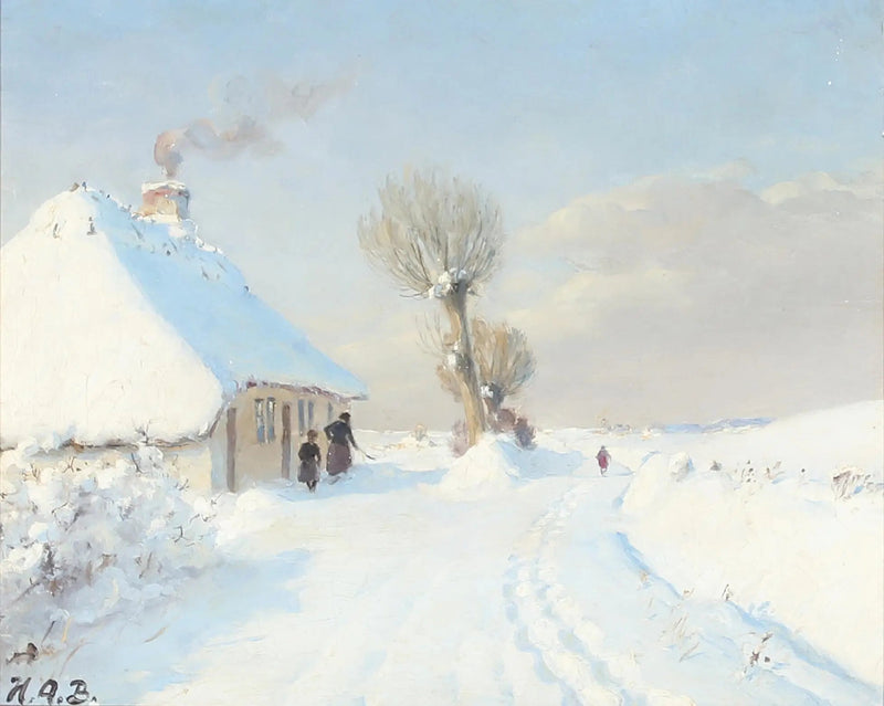 Día de invierno soleado con madre e hijo frente a una cabaña. - H. A. Brendekilde