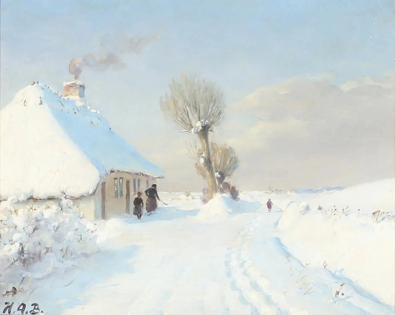 Día de invierno soleado con madre e hijo frente a una cabaña. - H. A. Brendekilde